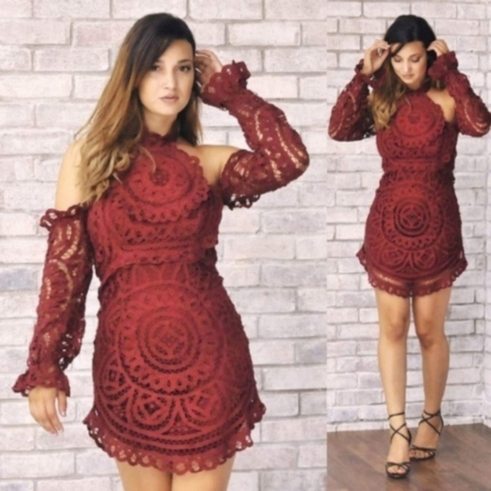 Boutique Bohemian Red Crochet Lace Mini Dress